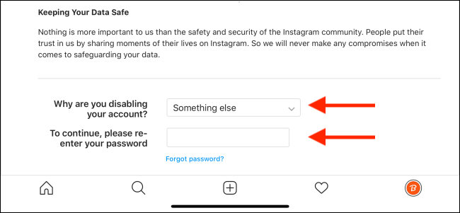 Выберите причину и введите пароль от Instagram