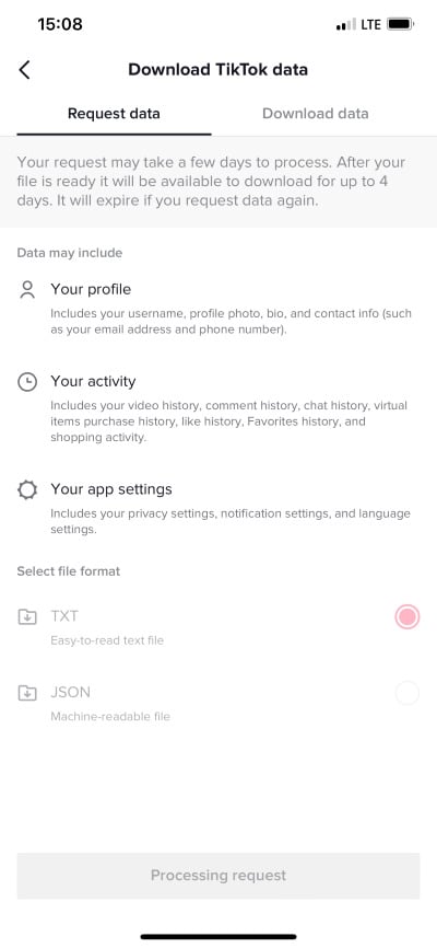 Экран запроса данных TikTok на телефоне