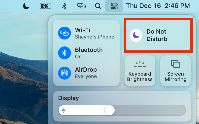 Фокус в Пункте управления iOS (скриншот)