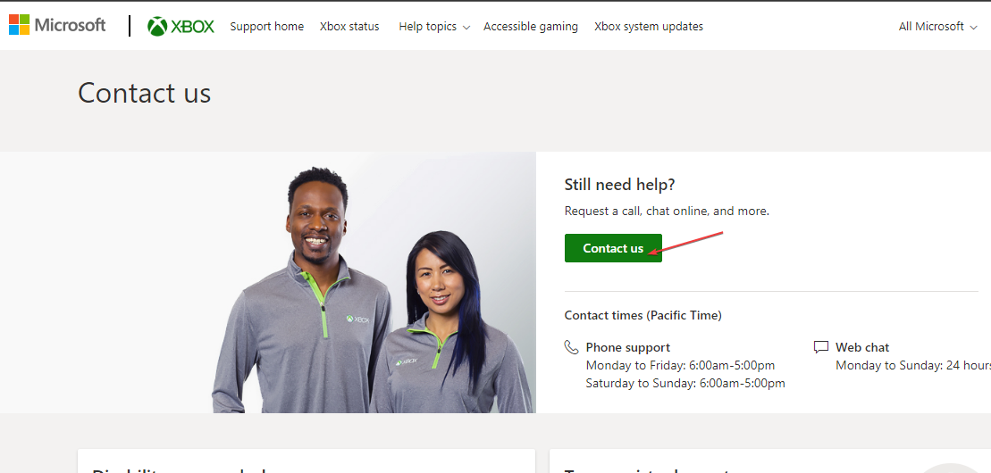Кнопка Контакт на странице поддержки Xbox