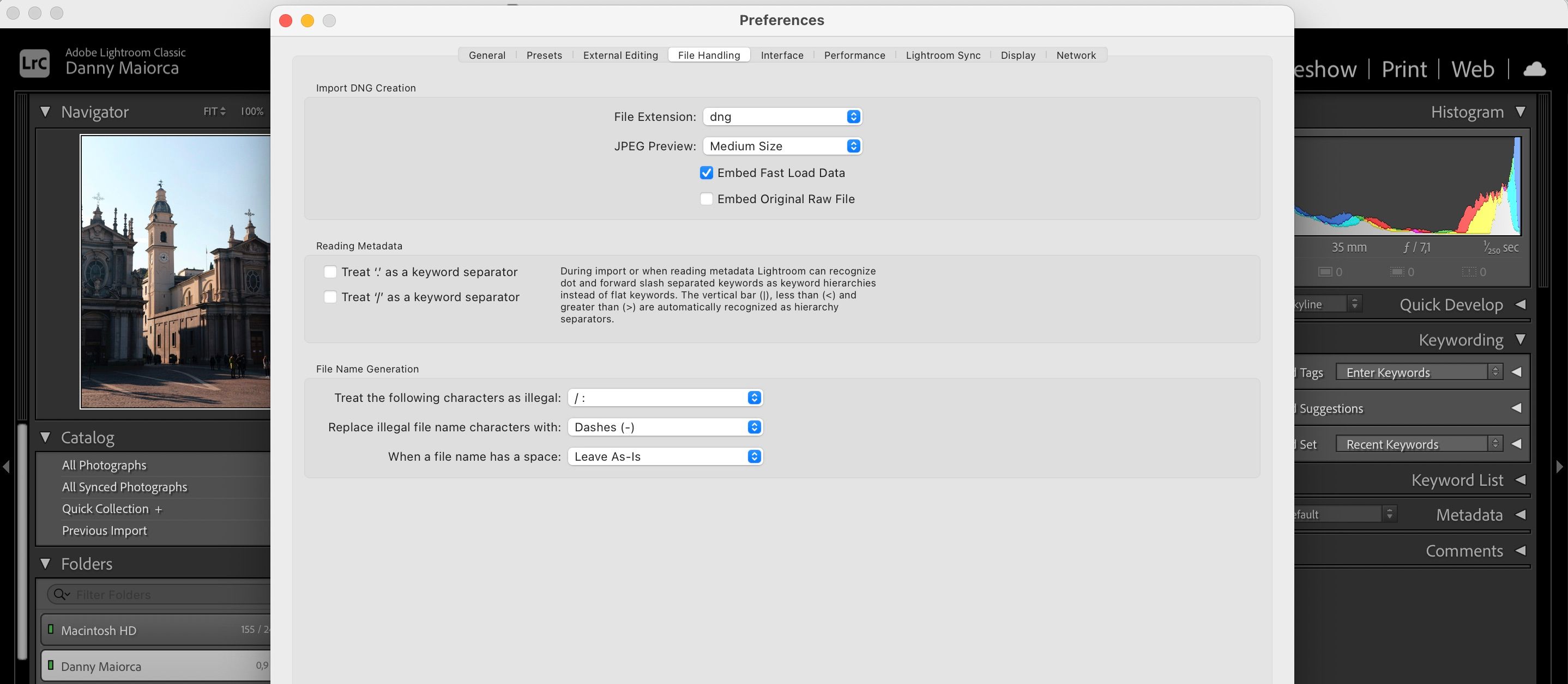 Настройки File Handling в Lightroom