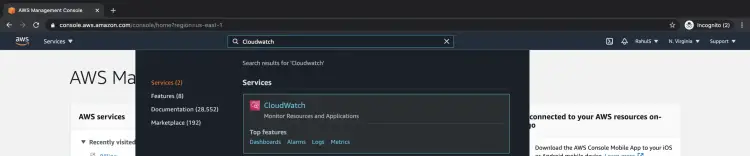 Поиск CloudWatch в консоли AWS