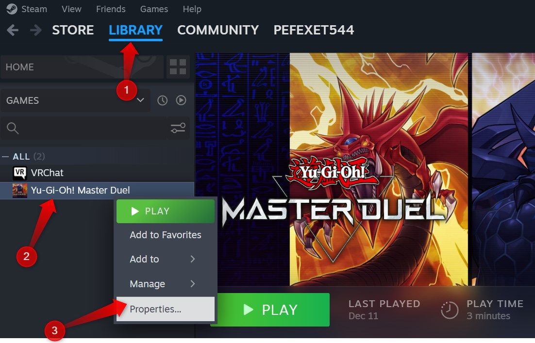 Открытие свойств игры в Steam.
