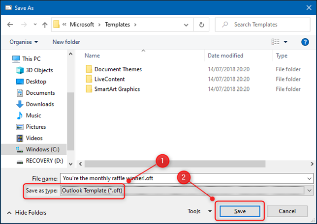 Диалог «Сохранить как» в Outlook