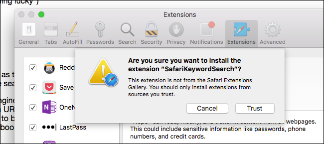 Изображение: диалог подтверждения разрешений расширения в Safari