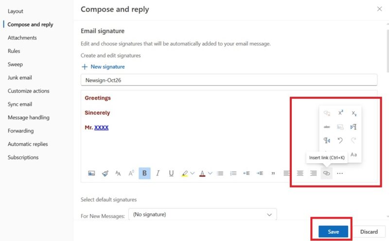 Сохранение новой подписи в Outlook.com в окне браузера