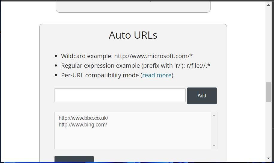 Поле Auto URLs у IE Tab