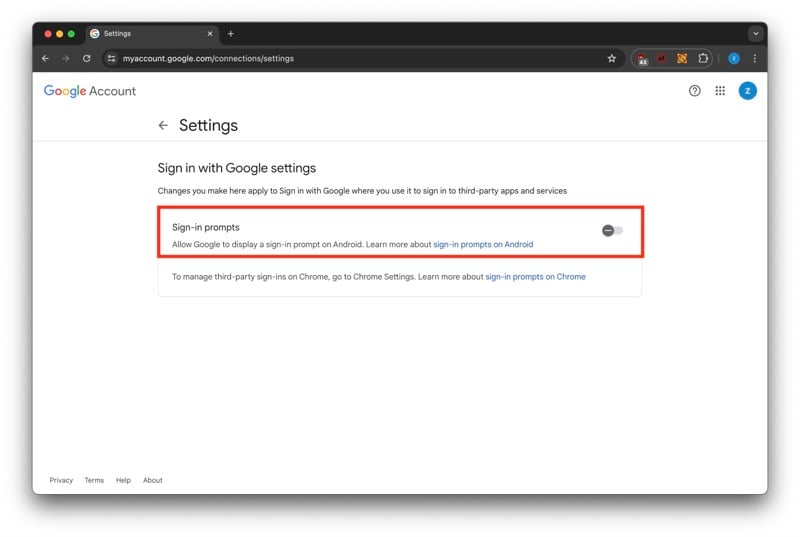 Отключение опции подсказок для входа через Google