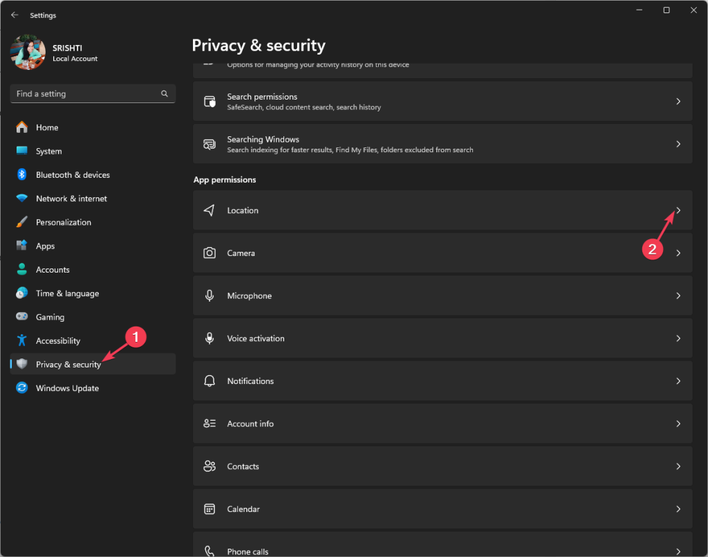 Настройки «Location» в Windows 11