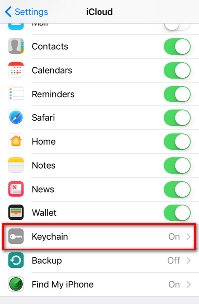 Включение iCloud Keychain в настройках iOS