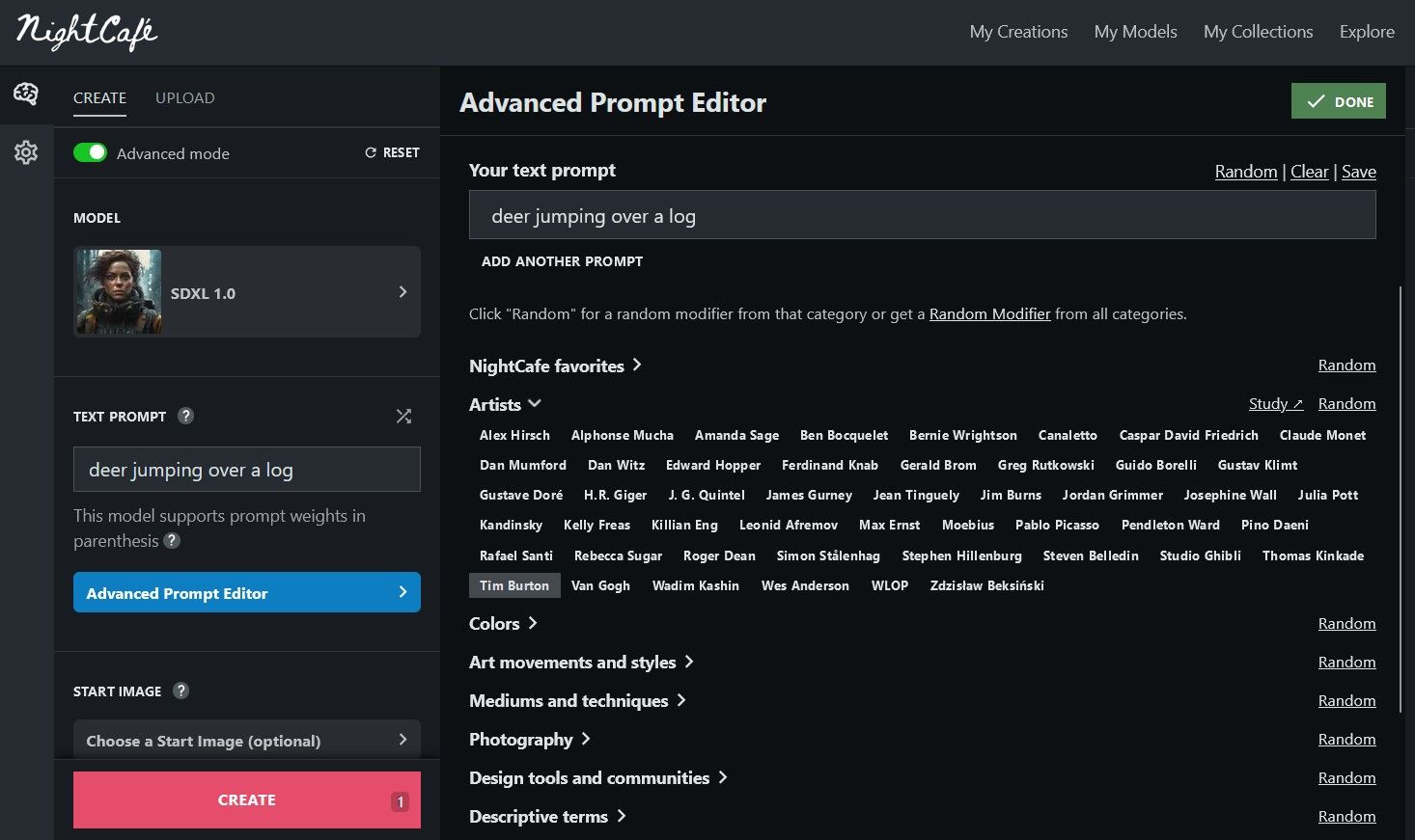 Список авторов в расширенном редакторе NightCafe