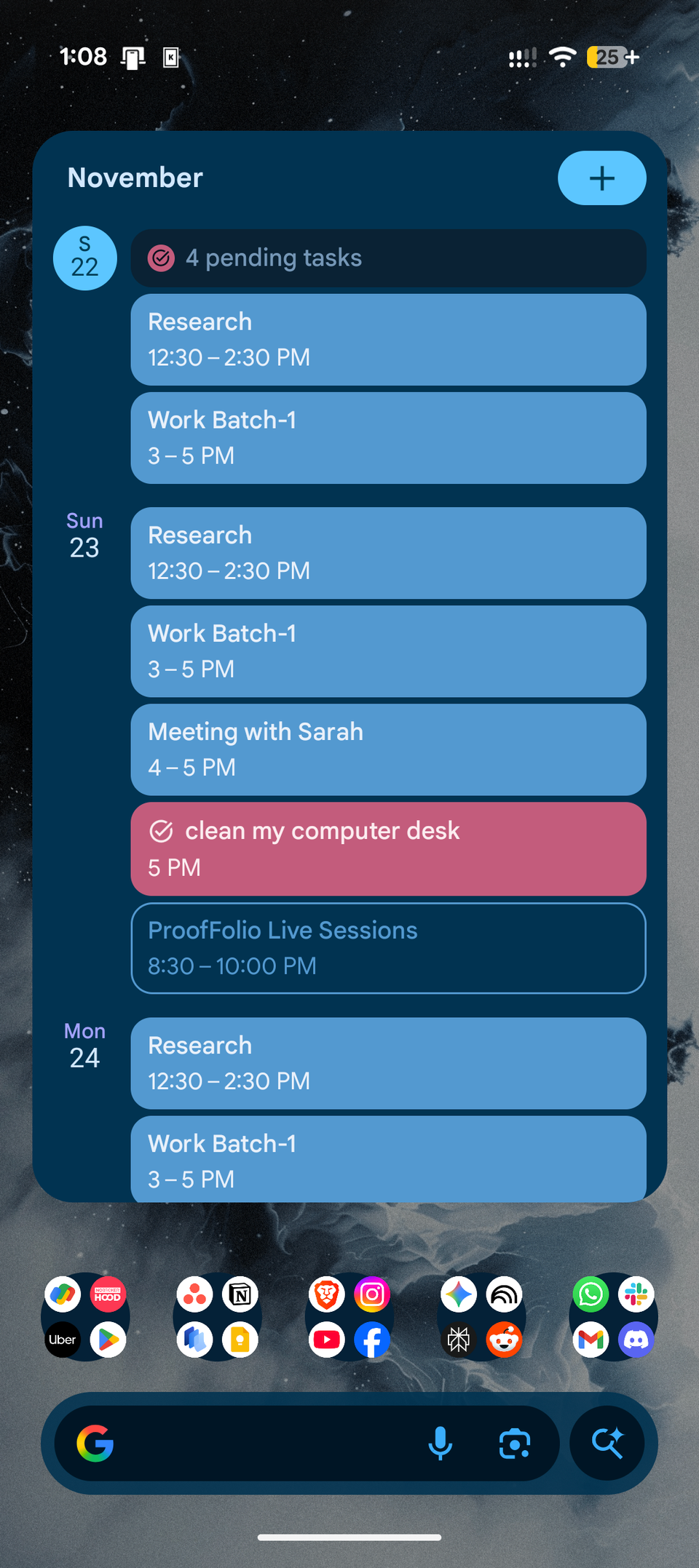 Pixel 10 home screen with a tall calendar widget.