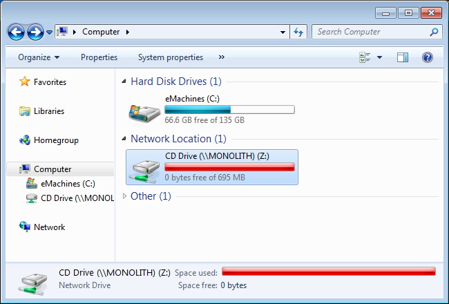 Подключённый сетевой диск отображается в списке дисков в окне «Компьютер»