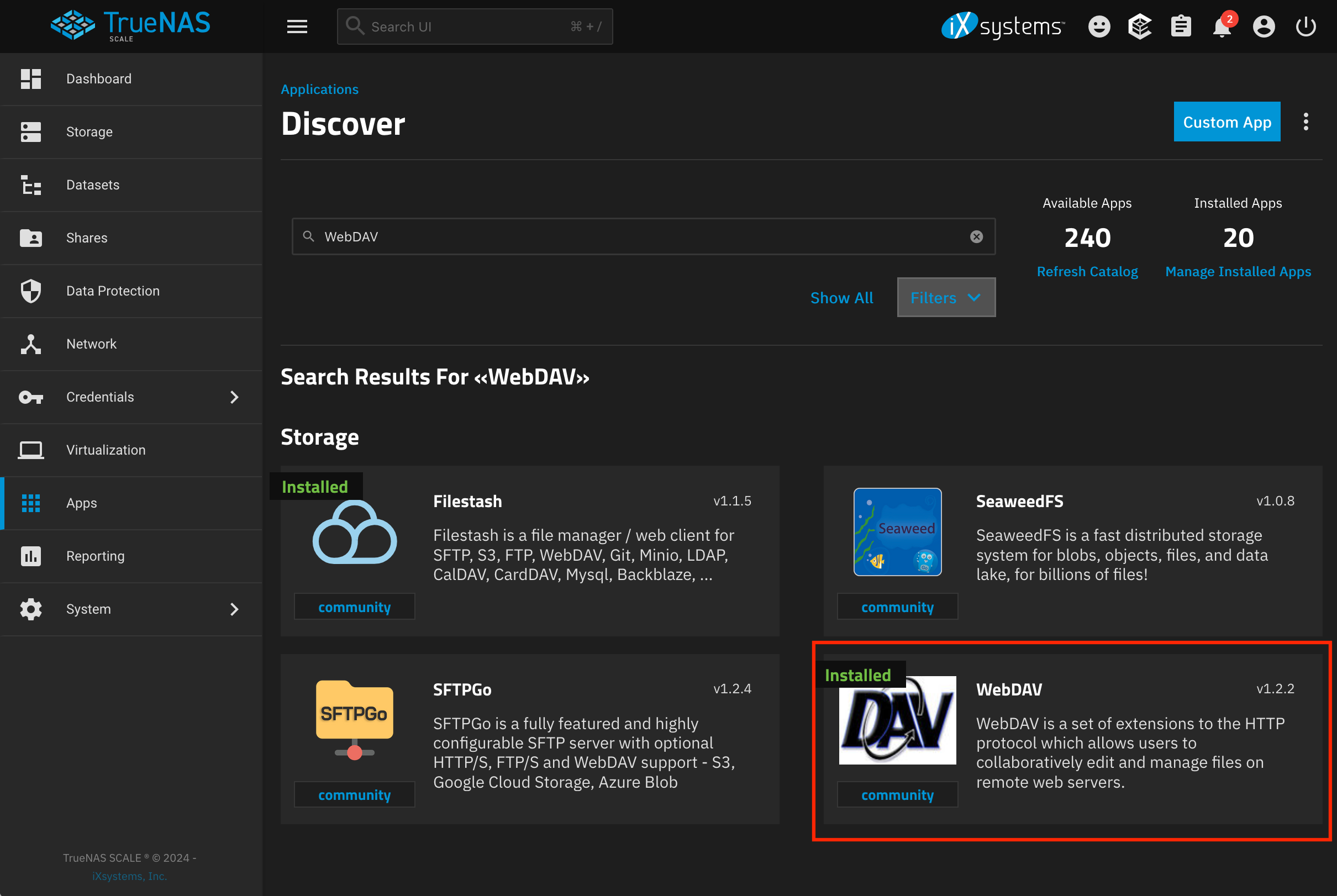 Поиск приложения WebDAV в TrueNAS