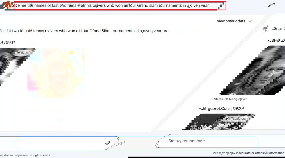 Highly specific and detailed Search engine query on Bard with response outcome.
