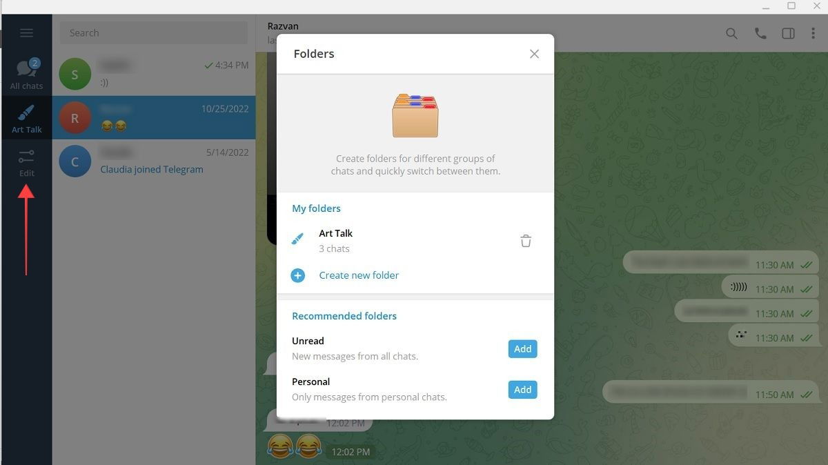 Редактирование папок чатов в Telegram на ПК.