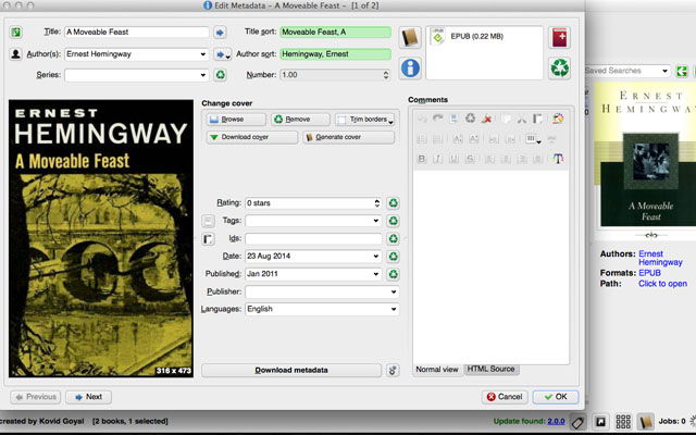 Диалог выбора файла обложки в Calibre