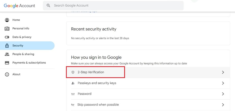 Экран включения двухэтапной аутентификации в Google