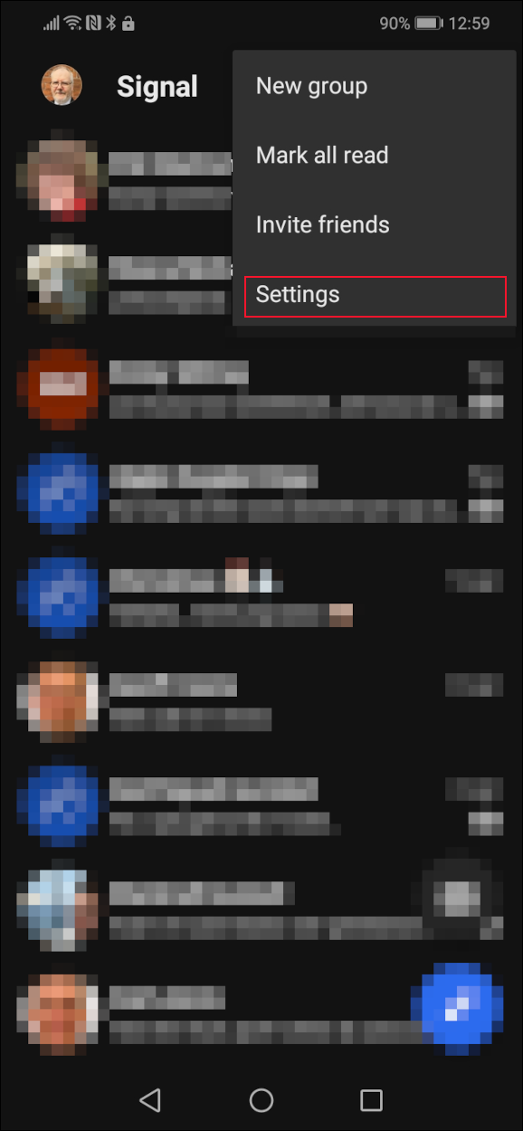 Sigal app with the settings menu option highlighted