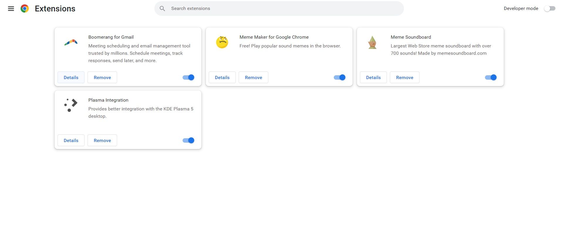 Включение расширений на странице расширений Chrome