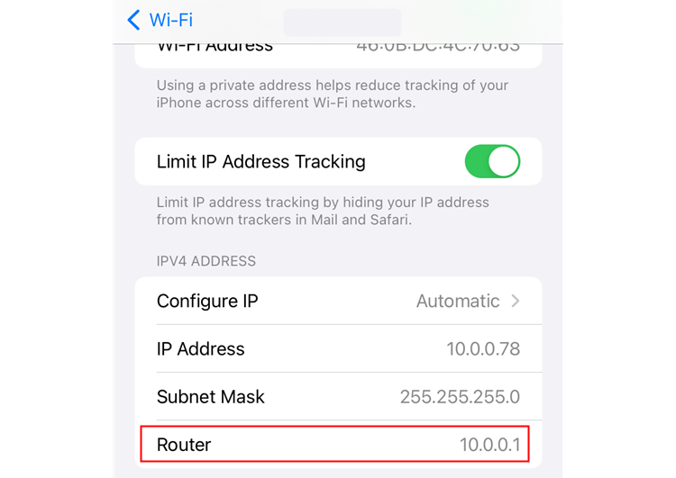 Экран iOS с информацией о Wi‑Fi и полем Router, где отображён IP-адрес