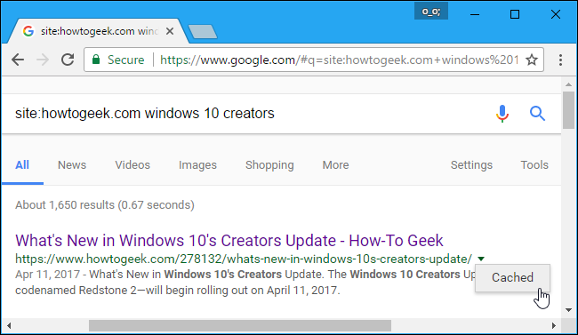 Пример меню результатов поиска с доступом к кешированной копии страницы