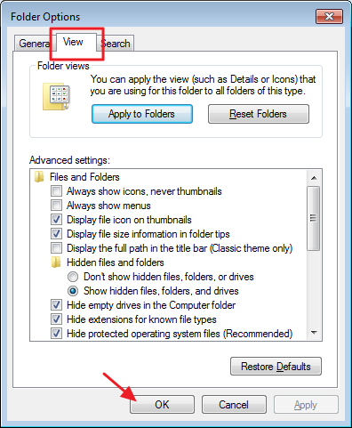 Параметры папок для показа скрытых файлов в Windows 7