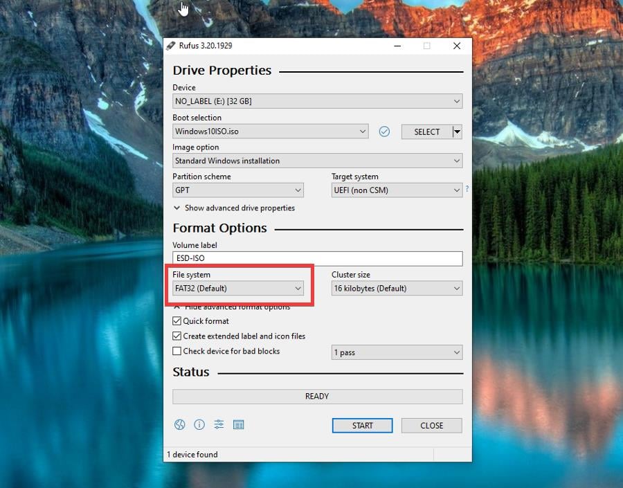 Выбор файловой системы FAT32 в Rufus