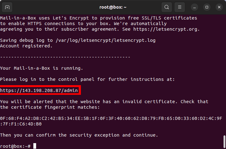 Скриншот терминала с адресом администратора сервера.