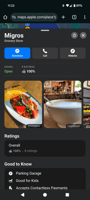 Viewing full details for place in Apple Maps for web on Android phone. 