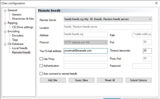 Настройки Remote freedb в CDex (поле электронной почты)