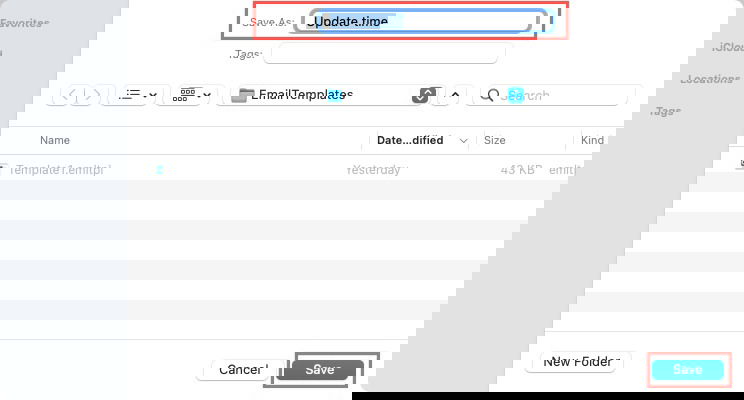 Диалог Сохранить как шаблон и кнопка Сохранить на Mac