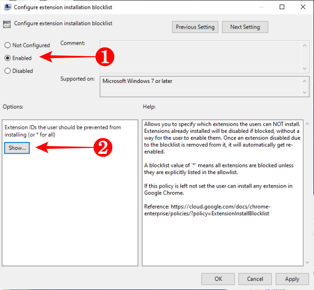 Включение параметра Configure extension installation blocklist