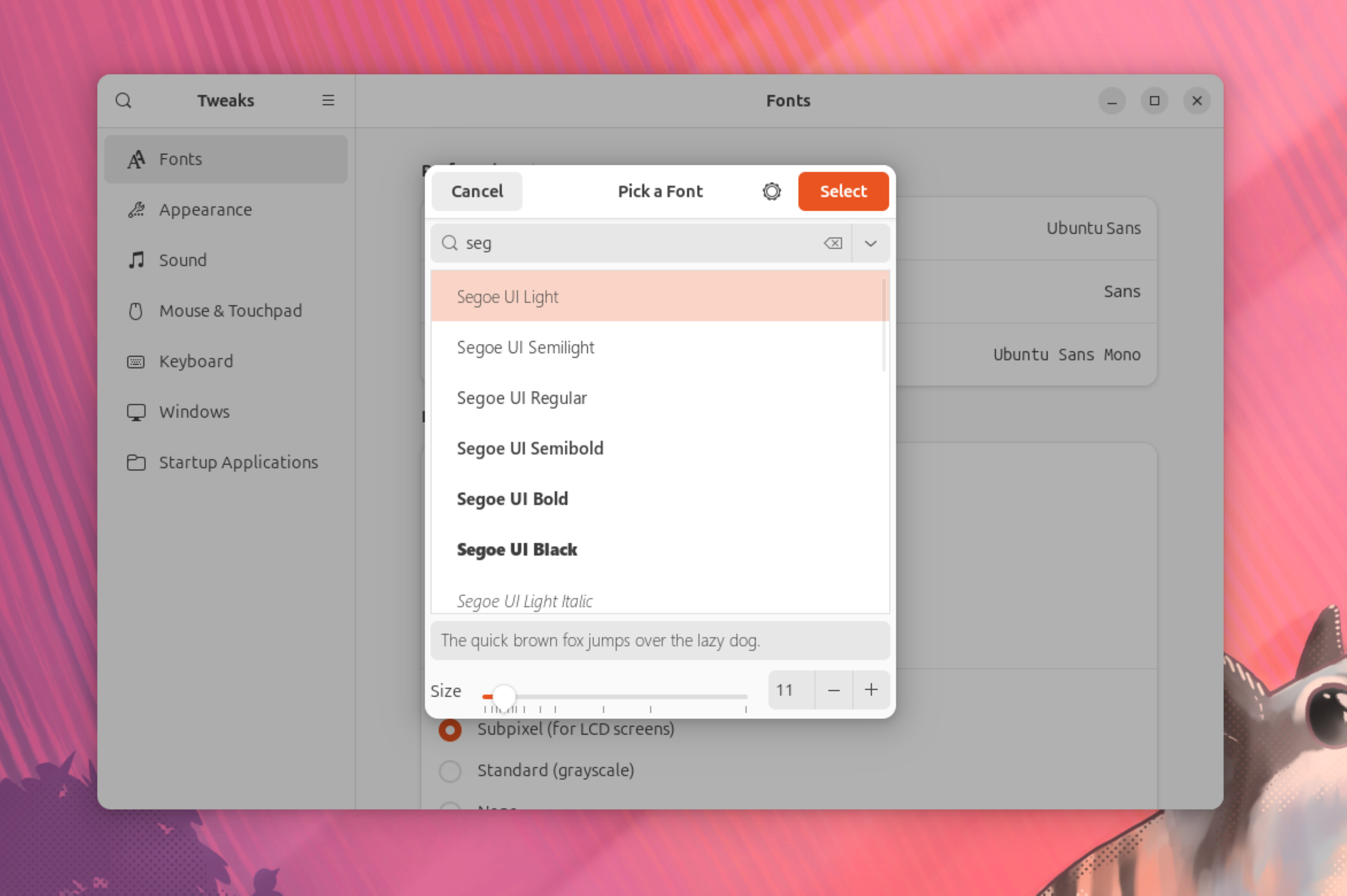 GNOME Tweaks — выбор шрифта Windows 11.