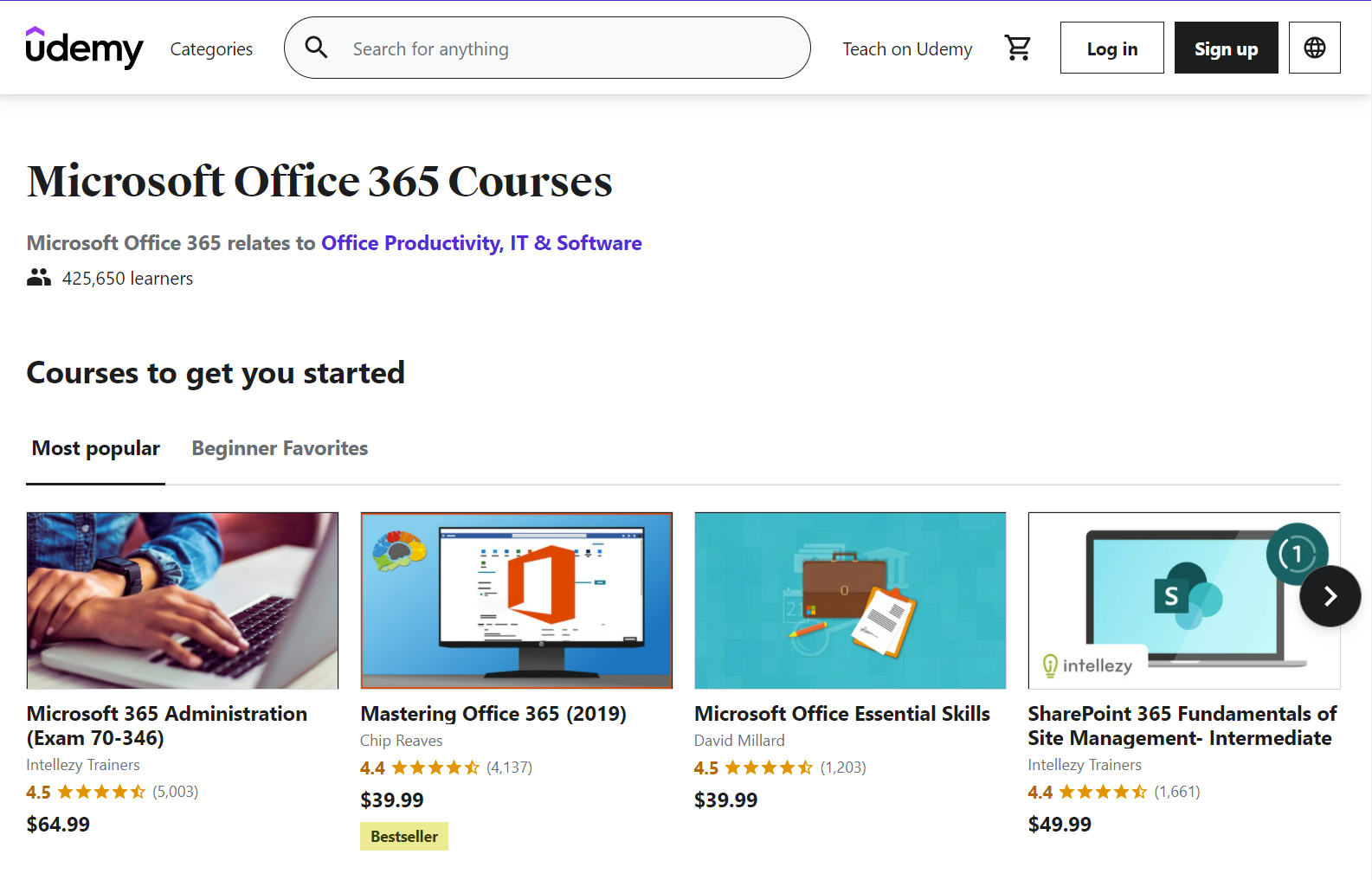 Домашняя страница курсов Microsoft 365 на Udemy с карточками уроков