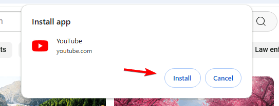 Подтверждение установки PWA YouTube в Chrome