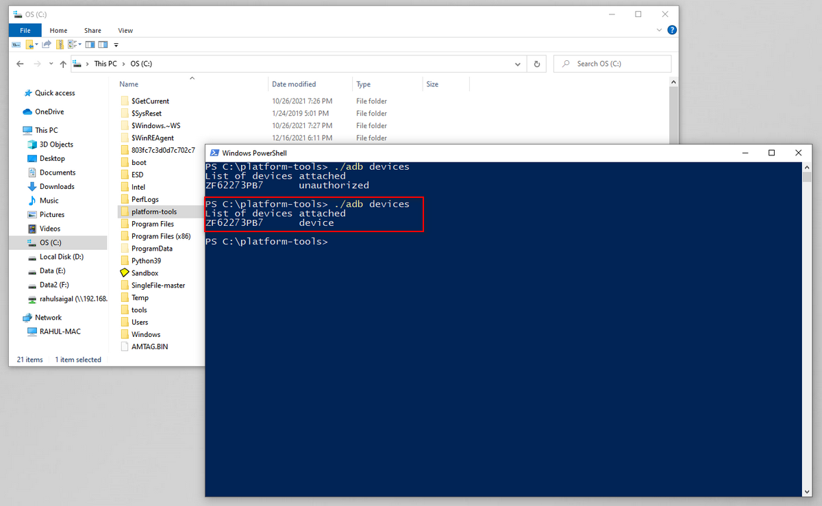 Список подключённых устройств после включения USB‑отладки