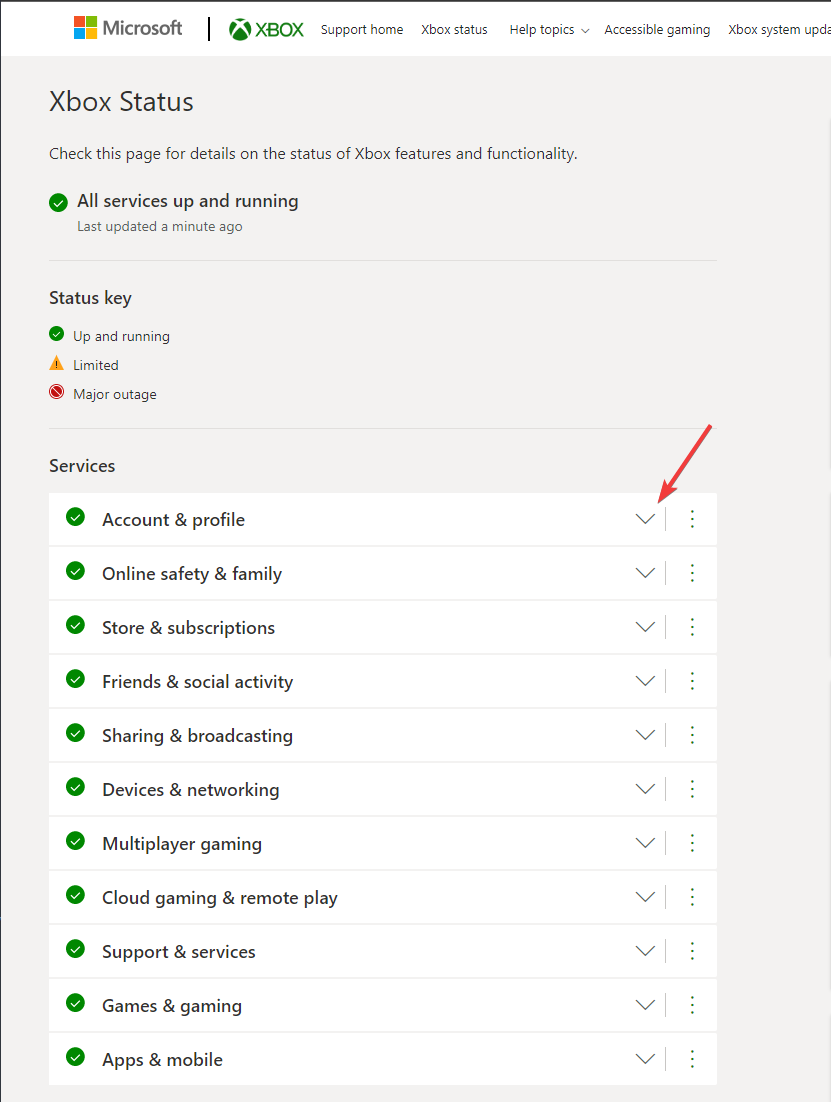 Страница статуса служб Xbox Live с уведомлениями