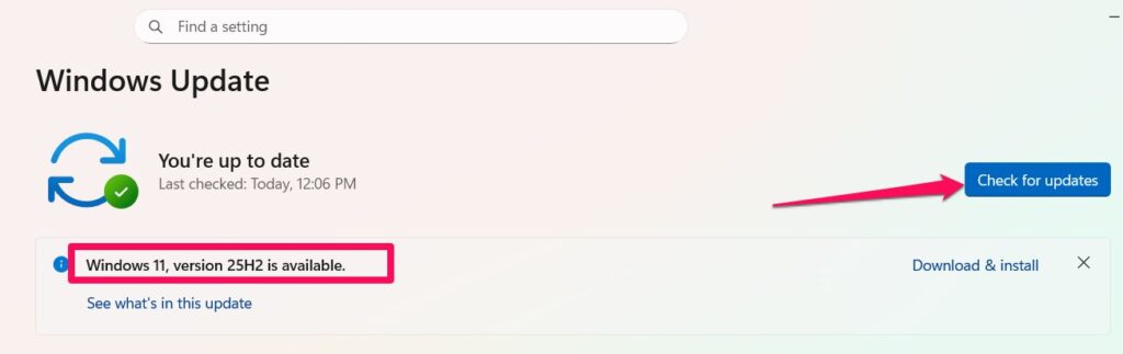 Параметры обновления Windows с кнопкой проверки обновлений