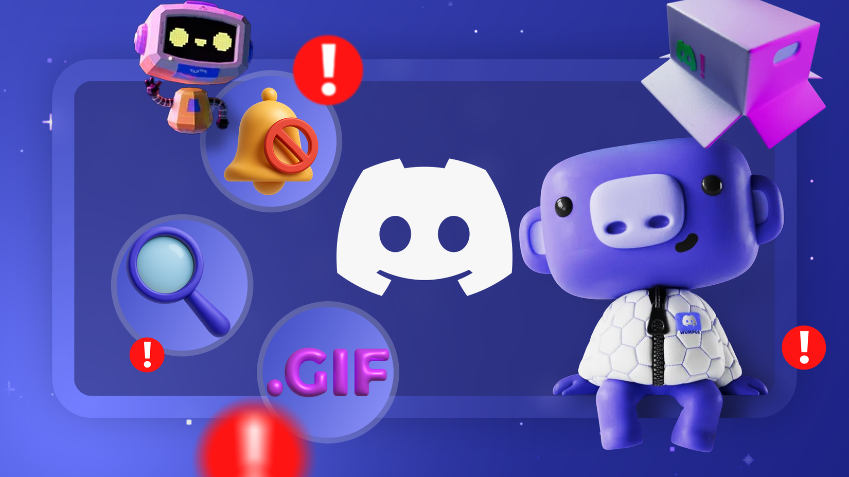 Illustration featuring Discord’s mascot with a muted bell, magnifying glass, and a GIF icon, surrounded by several warning signs.