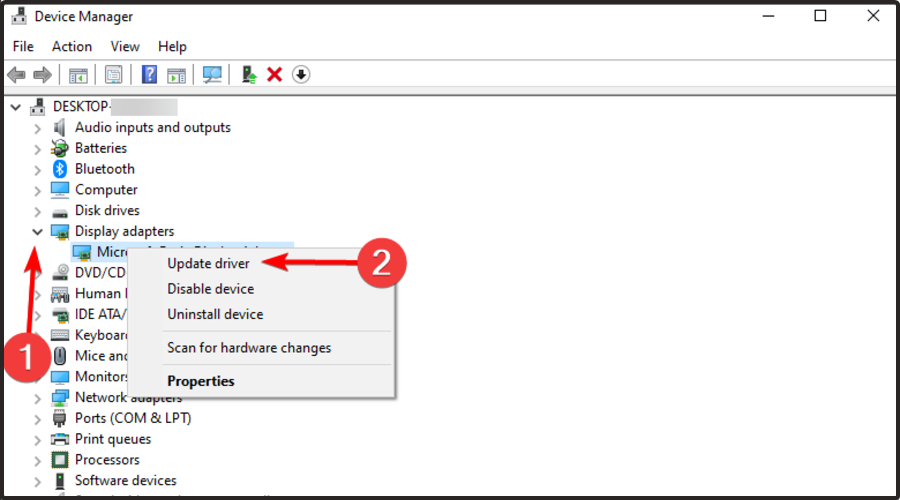 Контекстное меню обновления драйвера в разделе 'Видеоадаптеры'