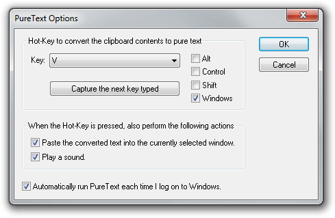 Снимок экрана: пример настройки PureText в трее