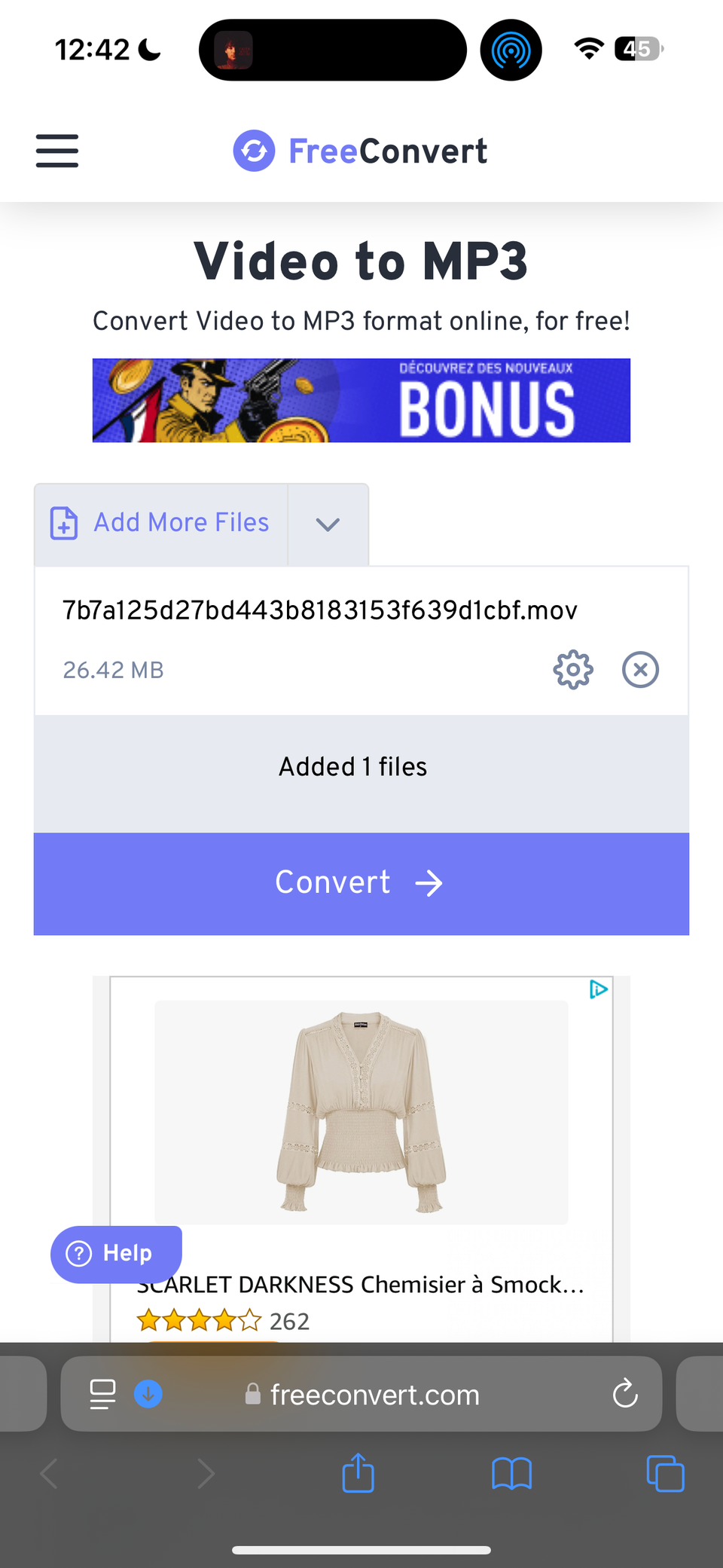 Процесс конвертации на FreeConvert