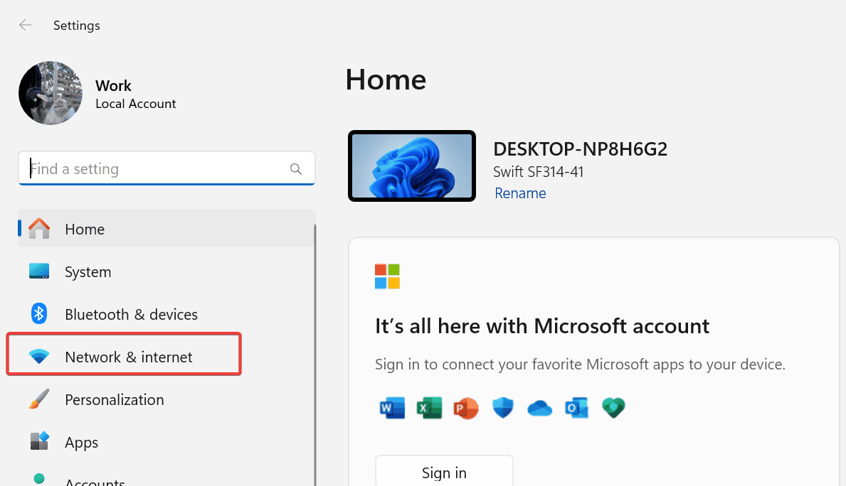 Параметры Сеть и Интернет