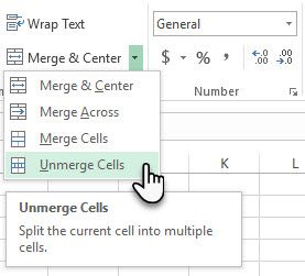 Кнопка для разъединения объединённых ячеек в Excel
