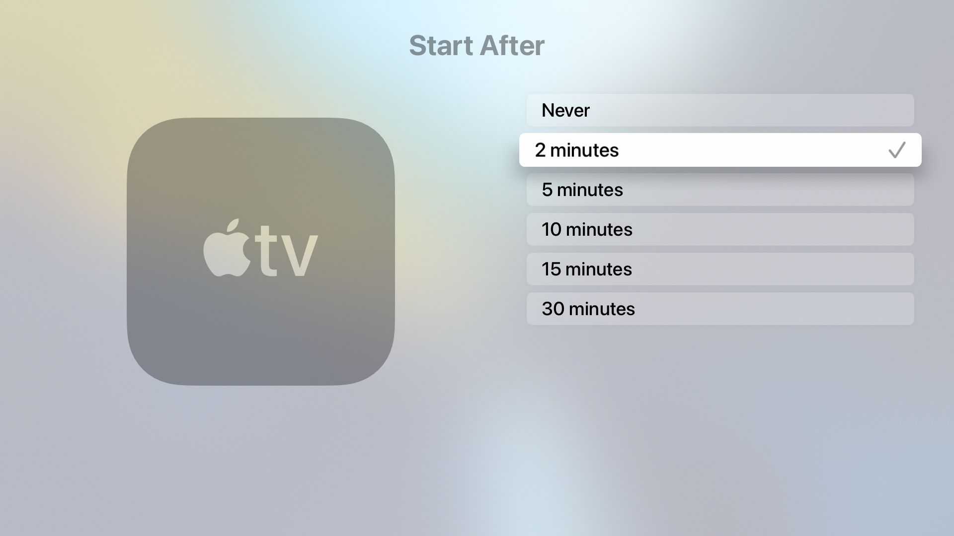 Настройки заставки на Apple TV установлены на 2 минуты.