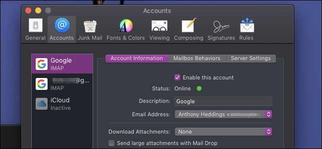 Настройки аккаунта в Mail