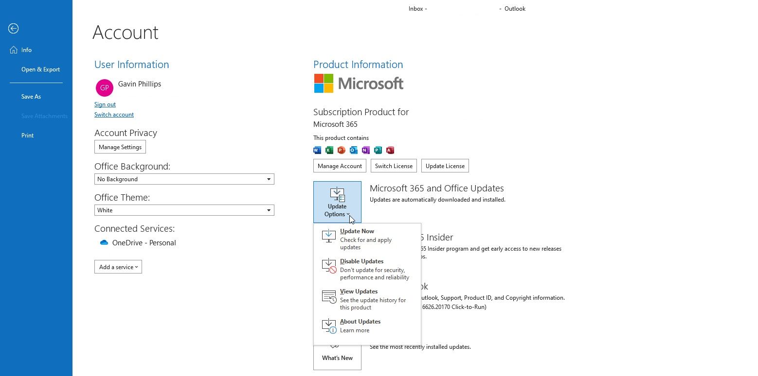 microsoft outlook check for updates options