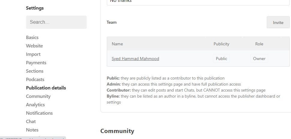 скриншот управления командой в Substack