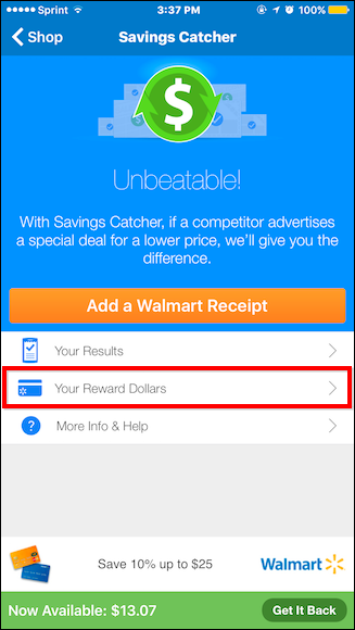 Экран Your Reward Dollars с суммой заработанных и доступных средств